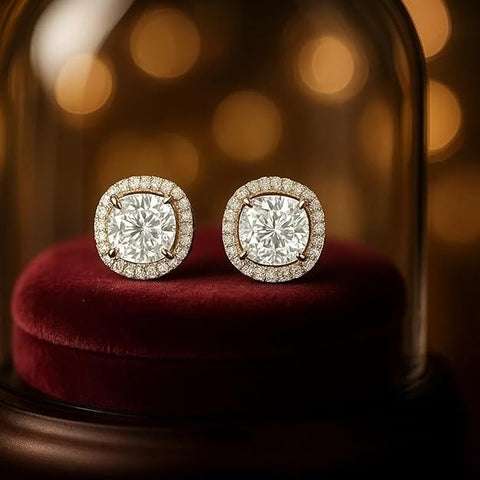 BRIA BY SAAR 925 Sterling Silver Gold-Plated Cushion-Cut Stud Earrings for Women | Sparkling Halo CZ Crystal Fine Jewellery | Luxury Geometric Studs for Weddings & Formal Events