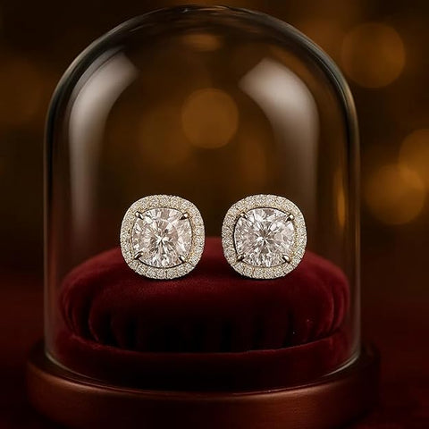 BRIA BY SAAR 925 Sterling Silver Gold-Plated Cushion-Cut Stud Earrings for Women | Sparkling Halo CZ Crystal Fine Jewellery | Luxury Geometric Studs for Weddings & Formal Events