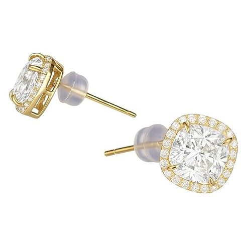 BRIA BY SAAR 925 Sterling Silver Gold-Plated Cushion-Cut Stud Earrings for Women | Sparkling Halo CZ Crystal Fine Jewellery | Luxury Geometric Studs for Weddings & Formal Events