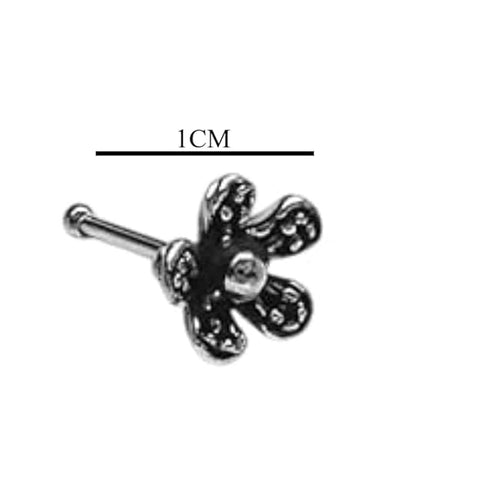 BRIA BY SAAR 925 Sterling Silver Oxidized Five Petal Floral Nose Pin for Women and Girls | Handcrafted Antique Silver Nose Stud | Ethnic Vintage Daily Wear Nose Jewelry | Hypoallergenic and Nickel-Free