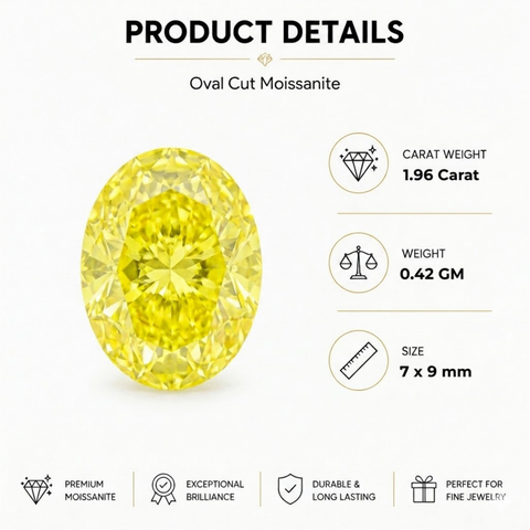 Luxury 1.96 Carat Oval Cut Moissanite Loose Stone 7x9mm – Golden Yellow VVS1 Clarity Certified Moissanite Gemstone with GRA Certificate | Brilliant Cut Loose Gem for Rings, Pendants, Earrings & Custom Jewelry | Men & Women