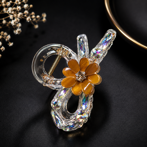 Premium Iridescent Crystal & Floral Hair Claw Clip For Women | Luxury Transparent Champagne Jaw Clip With 3D Amber Flower & Holographic Ab Rhinestones | Strong Hold Heavy Hair Accessory