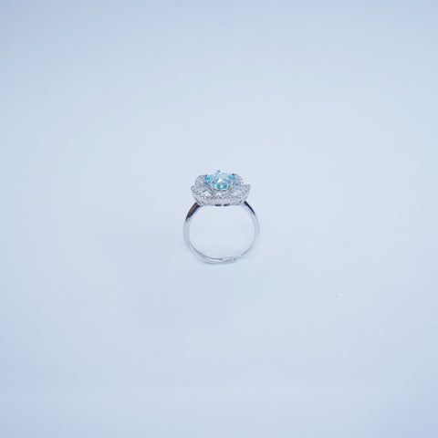 Elegant Silver Halo Ring with Blue Aquamarine Center Stone