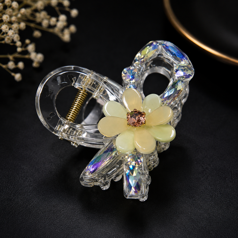 Premium Iridescent Crystal & Floral Hair Claw Clip For Women | Luxury Transparent Champagne Jaw Clip With 3D Amber Flower & Holographic Ab Rhinestones | Strong Hold Heavy Hair Accessory