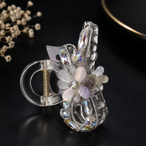 Premium Iridescent Crystal & Floral Hair Claw Clip For Women | Luxury Transparent Champagne Jaw Clip With 3D Amber Flower & Holographic Ab Rhinestones | Strong Hold Heavy Hair Accessory