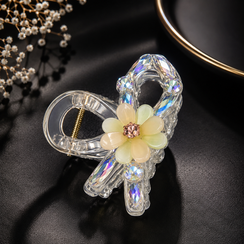 Premium Iridescent Crystal & Floral Hair Claw Clip For Women | Luxury Transparent Champagne Jaw Clip With 3D Amber Flower & Holographic Ab Rhinestones | Strong Hold Heavy Hair Accessory