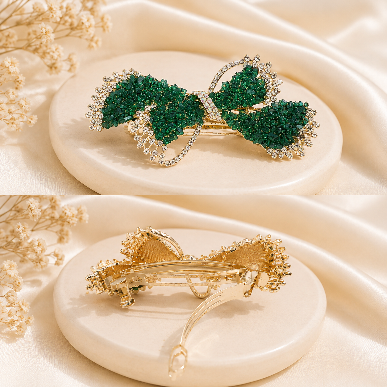 Premium Emerald Green Crystal Bow Hair Barrette For Women | Luxury Rhinestone Butterfly Automatic Hair Clip | French Style Strong Hold Back Hair Clutcher Pin
