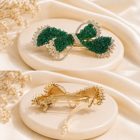 Premium Emerald Green Crystal Bow Hair Barrette For Women | Luxury Rhinestone Butterfly Automatic Hair Clip | French Style Strong Hold Back Hair Clutcher Pin