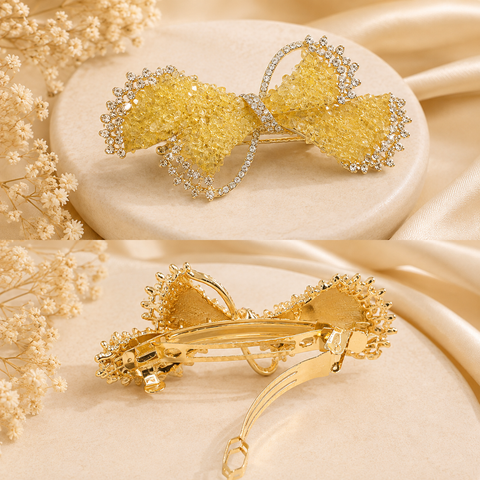 Premium Topaz Yellow Crystal Bow Hair Barrette For Women | Luxury Rhinestone Champagne Gold Butterfly Automatic Hair Clip | French Style Strong Hold Back Hair Clutcher Pin