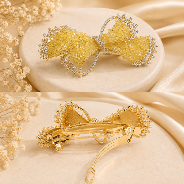 Premium Topaz Yellow Crystal Bow Hair Barrette For Women | Luxury Rhinestone Champagne Gold Butterfly Automatic Hair Clip | French Style Strong Hold Back Hair Clutcher Pin