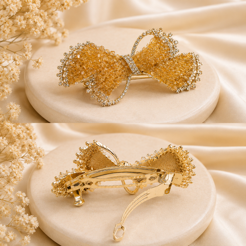 Premium Amber Orange Crystal Bow Hair Barrette For Women | Luxury Rhinestone Honey Gold Butterfly Automatic Hair Clip | French Style Strong Hold Back Hair Clutcher Pin
