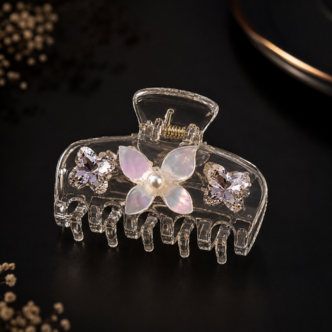 Premium Floral & Golden Butterfly Hair Claw Clip For Women | Translucent Champagne Jaw Clip With 3D Dusty Rose Flower, Pearl Core & Amber Crystals | Strong Hold Medium Hair Clutcher