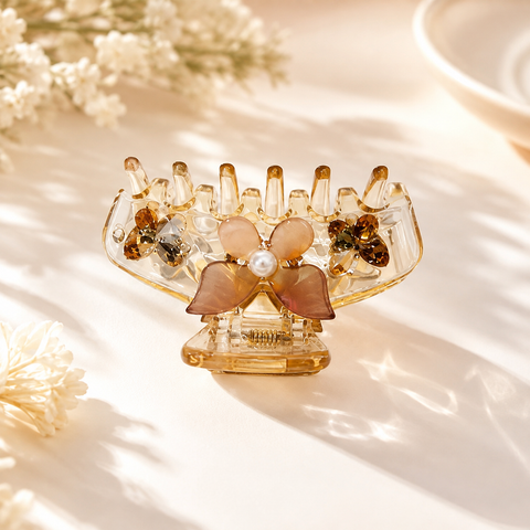 Premium Floral & Pink Butterfly Hair Claw Clip For Women | Translucent Champagne Jaw Clip With 3D Dusty Rose Flower, Pearl Core & Amber Crystals | Strong Hold Medium Hair Clutcher