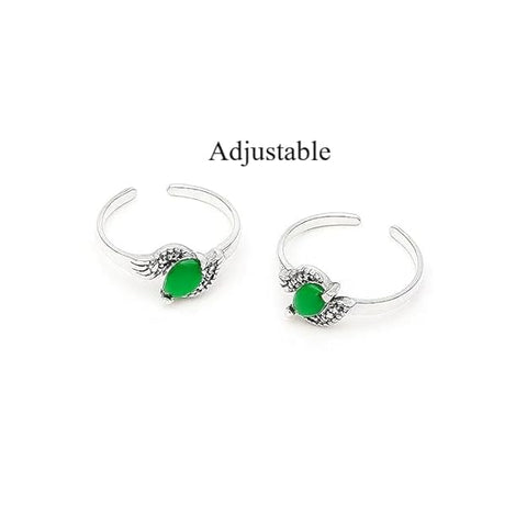 BRIA BY SAAR 925 Sterling Silver Floral Leaf Adjustable Ring/Toe Ring | Elegant Antique Finish with Green Marcasite Stone | Dual-Purpose Fine Jewellery (1 Pair)