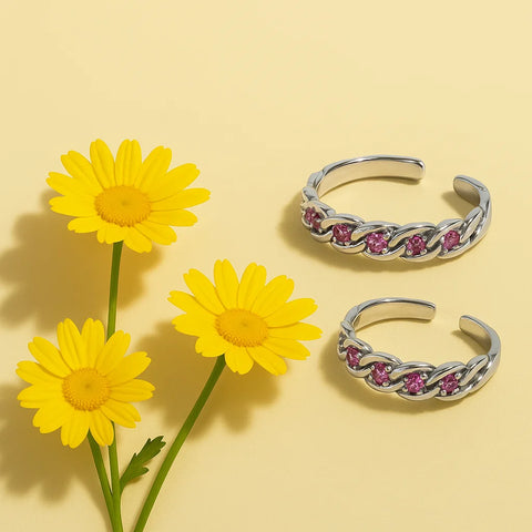 Chic Leaf-Link Toe Rings with Pink Stones