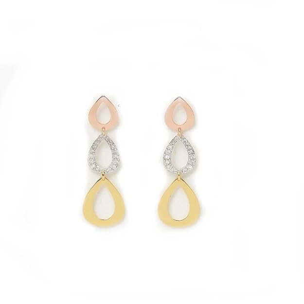 BRIA BY SAAR 925 Sterling Silver Triple-Tone Teardrop Dangle Earrings | Rose Gold, Silver & Yellow Gold Layered Design | Lightweight Statement Jewellery