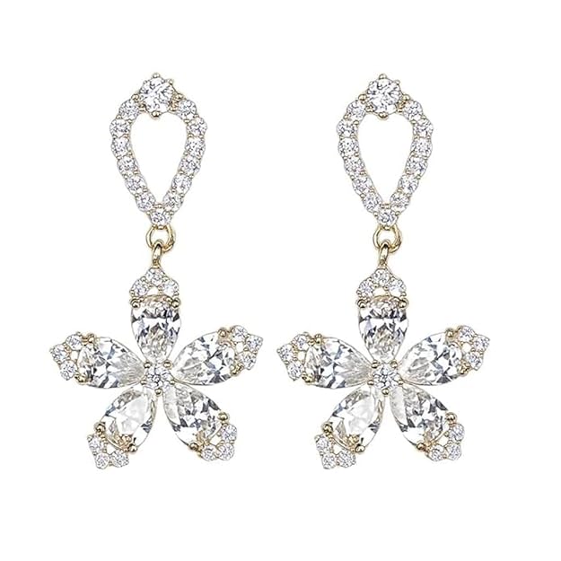 BRIA BY SAAR 925 Sterling Silver Floral Drop Earrings for Women and Girls | Sparkling Cubic Zirconia Petal Design | Elegant Flower-Inspired Lightweight Fine Jewellery for Party and Weddings