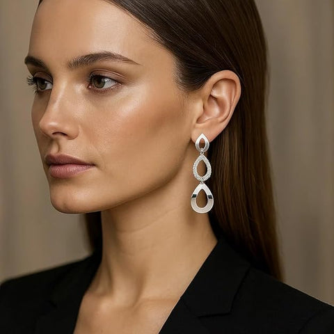 BRIA BY SAAR 925 Sterling Silver Turkish Triple Tear-Drop Dangle Earrings | Cubic Zirconia Statement Jewelry for Party & Daily Wear