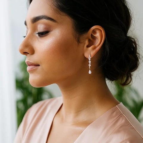 BRIA BY SAAR 925 Sterling Silver Hanging Earrings | Rose Gold-Plated Dangling Chain Design with Zircon Stones | Lightweight Modern Jewellery for Daily & Party Wear