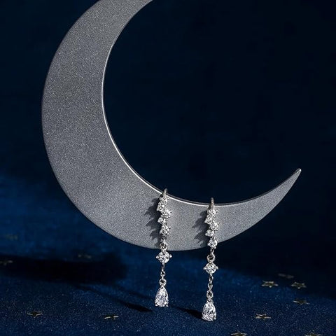 BRIA BY SAAR 925 Sterling Silver Hanging Earrings | Rose Gold-Plated Dangling Chain Design with Zircon Stones | Lightweight Modern Jewellery for Daily & Party Wear