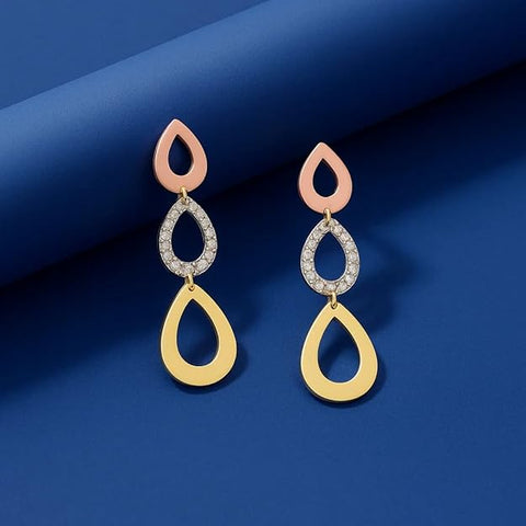 BRIA BY SAAR 925 Sterling Silver Triple-Tone Teardrop Dangle Earrings | Rose Gold, Silver & Yellow Gold Layered Design | Lightweight Statement Jewellery