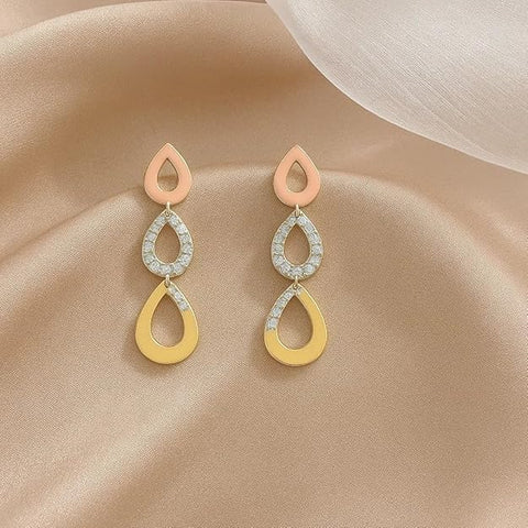 BRIA BY SAAR 925 Sterling Silver Triple-Tone Teardrop Dangle Earrings | Rose Gold, Silver & Yellow Gold Layered Design | Lightweight Statement Jewellery