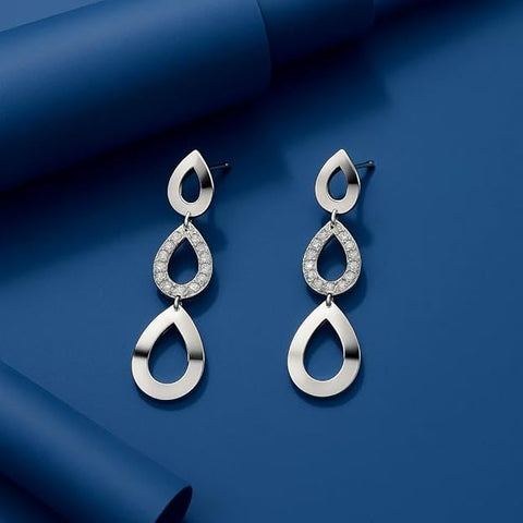 BRIA BY SAAR 925 Sterling Silver Turkish Triple Tear-Drop Dangle Earrings | Cubic Zirconia Statement Jewelry for Party & Daily Wear