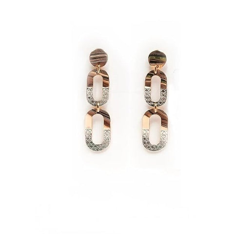 BRIA BY SAAR 925 Sterling Silver Dual-Tone Long Link Drop Earrings | Rose Gold & Silver Geometric Oval Dangle Design | Modern Lightweight Fine Jewellery