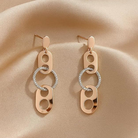 BRIA BY SAAR 925 Sterling Silver Gold-Plated Geometric Dangle Earrings for Women | Dual-Tone Oval and Textured Circle Long Drop Design | Lightweight Modern Fine Jewellery for Parties and Daily Wear