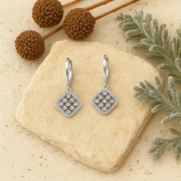 BRIA BY SAAR 925 Sterling Silver Geometric Diamond-Shaped Drop Earrings for Women | Sparkling Pavé CZ Dangle Design | Timeless Daily Wear & Party Fine Jewellery | Hypoallergenic