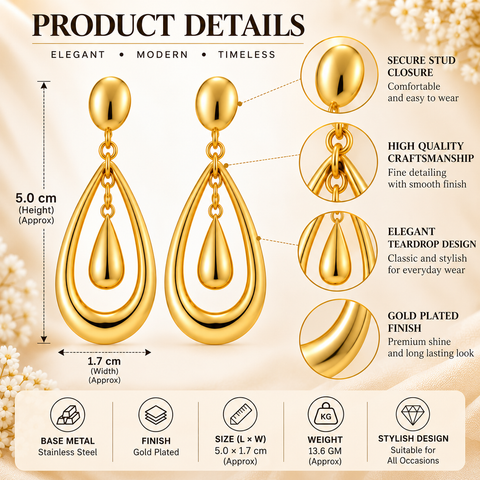 Gold Plated Teardrop Oval Dangle Earrings for Women
