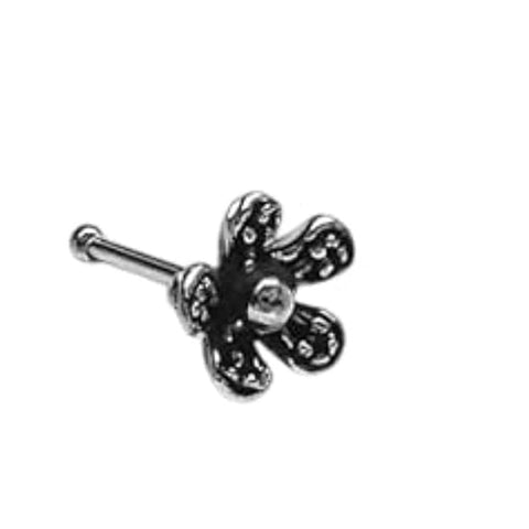 BRIA BY SAAR 925 Sterling Silver Oxidized Five Petal Floral Nose Pin for Women and Girls | Handcrafted Antique Silver Nose Stud | Ethnic Vintage Daily Wear Nose Jewelry | Hypoallergenic and Nickel-Free