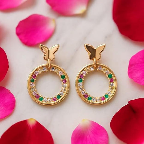 BRIA BY SAAR 925 Sterling Silver Butterfly Hoop Stud Earrings | Elegant Rose Copper Finish with Multicolor Pink, Green & White Stones | Stylish Modern Ethnic Jewellery for Women & Girls