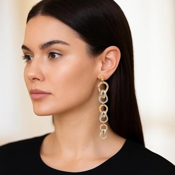 925 Sterling Silver Dual-Tone Drop Earrings | Rose Gold & Silver Geometric Linked Design | Lightweight Statement Jewellery for Party & Daily Wear(pair of 1)