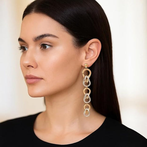 BRIA BY SAAR 925 Sterling Silver Dual-Tone Drop Earrings | Rose Gold & Silver Geometric Linked Design | Lightweight Statement Jewellery for Party & Daily Wear