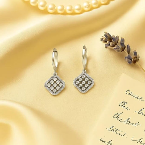BRIA BY SAAR 925 Sterling Silver Geometric Diamond-Shaped Drop Earrings for Women | Sparkling Pavé CZ Dangle Design | Timeless Daily Wear & Party Fine Jewellery | Hypoallergenic