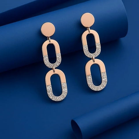 BRIA BY SAAR 925 Sterling Silver Dual-Tone Long Link Drop Earrings | Rose Gold & Silver Geometric Oval Dangle Design | Modern Lightweight Fine Jewellery