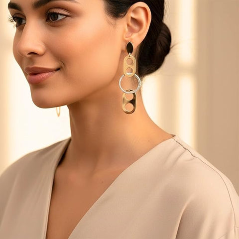 BRIA BY SAAR 925 Sterling Silver Gold-Plated Geometric Dangle Earrings for Women | Dual-Tone Oval and Textured Circle Long Drop Design | Lightweight Modern Fine Jewellery for Parties and Daily Wear