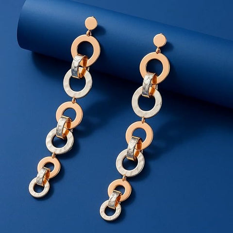 BRIA BY SAAR 925 Sterling Silver Dual-Tone Drop Earrings | Rose Gold & Silver Geometric Linked Design | Lightweight Statement Jewellery for Party & Daily Wear