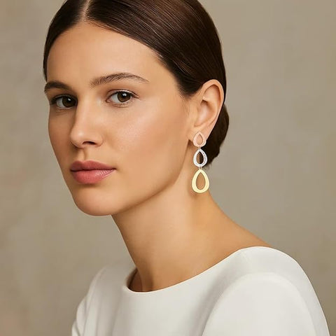BRIA BY SAAR 925 Sterling Silver Triple-Tone Teardrop Dangle Earrings | Rose Gold, Silver & Yellow Gold Layered Design | Lightweight Statement Jewellery
