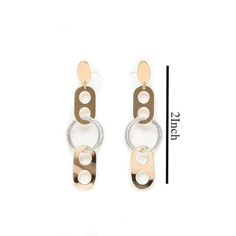 BRIA BY SAAR 925 Sterling Silver Gold-Plated Geometric Dangle Earrings for Women | Dual-Tone Oval and Textured Circle Long Drop Design | Lightweight Modern Fine Jewellery for Parties and Daily Wear