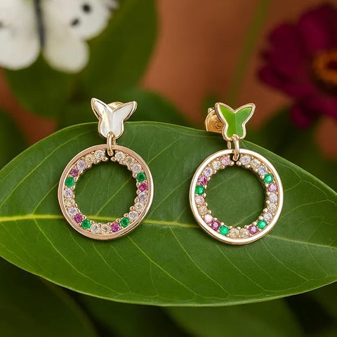 BRIA BY SAAR 925 Sterling Silver Butterfly Hoop Stud Earrings | Elegant Rose Copper Finish with Multicolor Pink, Green & White Stones | Stylish Modern Ethnic Jewellery for Women & Girls