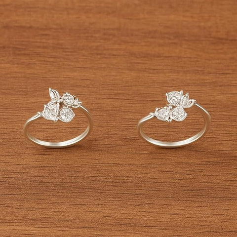 BRIA BY SAAR 925 Sterling Silver Adjustable Toe Rings for Women and Girls | Elegant Floral Cluster Design with Sparkling Pink Stones | Skin-Friendly Ethnic Fine Jewellery | 1 Pair (Set of 2)
