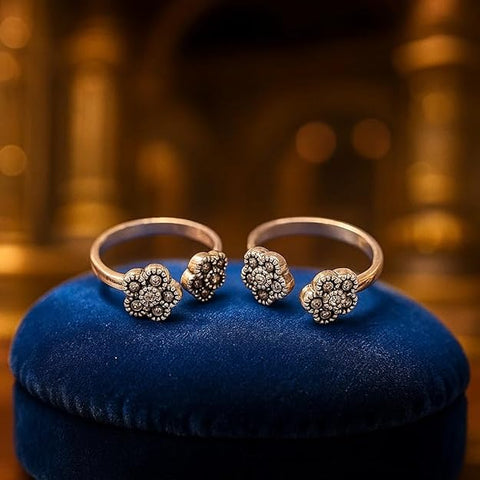 BRIA BY SAAR 925 Sterling Silver Marcasite Floral Ring for Women and Girls | Antique Oxidised Four-Petal Cross Design | Adjustable Finger or Toe Ring | Vintage-Inspired Fine Jewellery