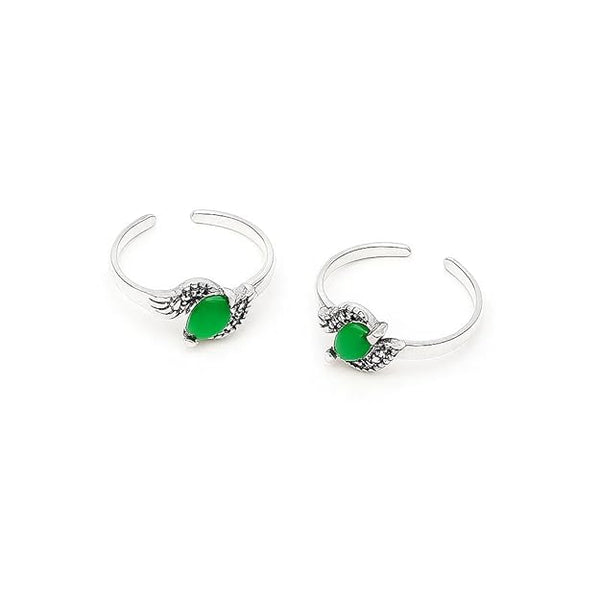 925 Sterling Silver Floral Leaf Adjustable Ring/Toe Ring | Elegant Antique Finish with Green Marcasite Stone | Dual-Purpose Fine Jewellery (1 Pair)
