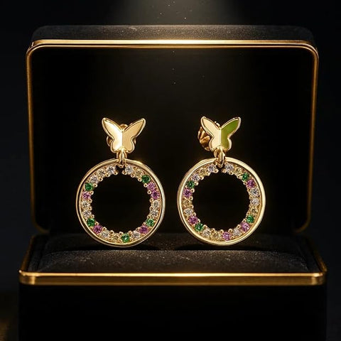 BRIA BY SAAR 925 Sterling Silver Butterfly Hoop Stud Earrings | Elegant Rose Copper Finish with Multicolor Pink, Green & White Stones | Stylish Modern Ethnic Jewellery for Women & Girls